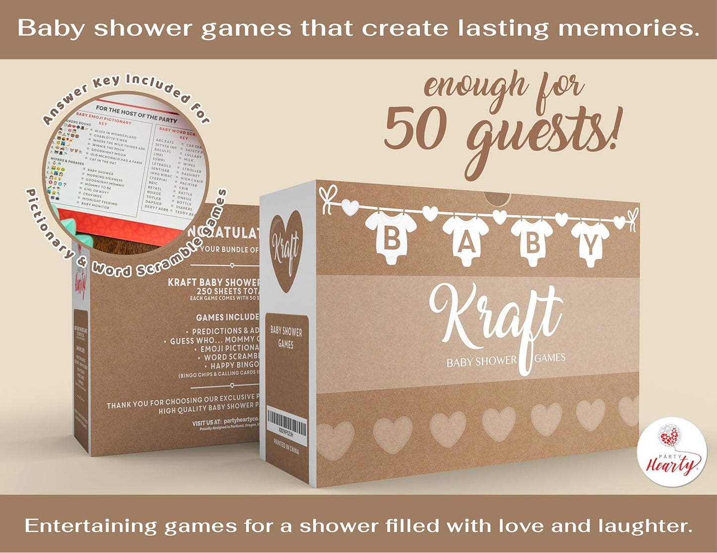 Party Hearty Baby Shower Games for Girl or Boy, 250 pcs 5 Games Activities Cards, Funny Baby Shower Games, Gender Neutral, Baby Shower Ideas