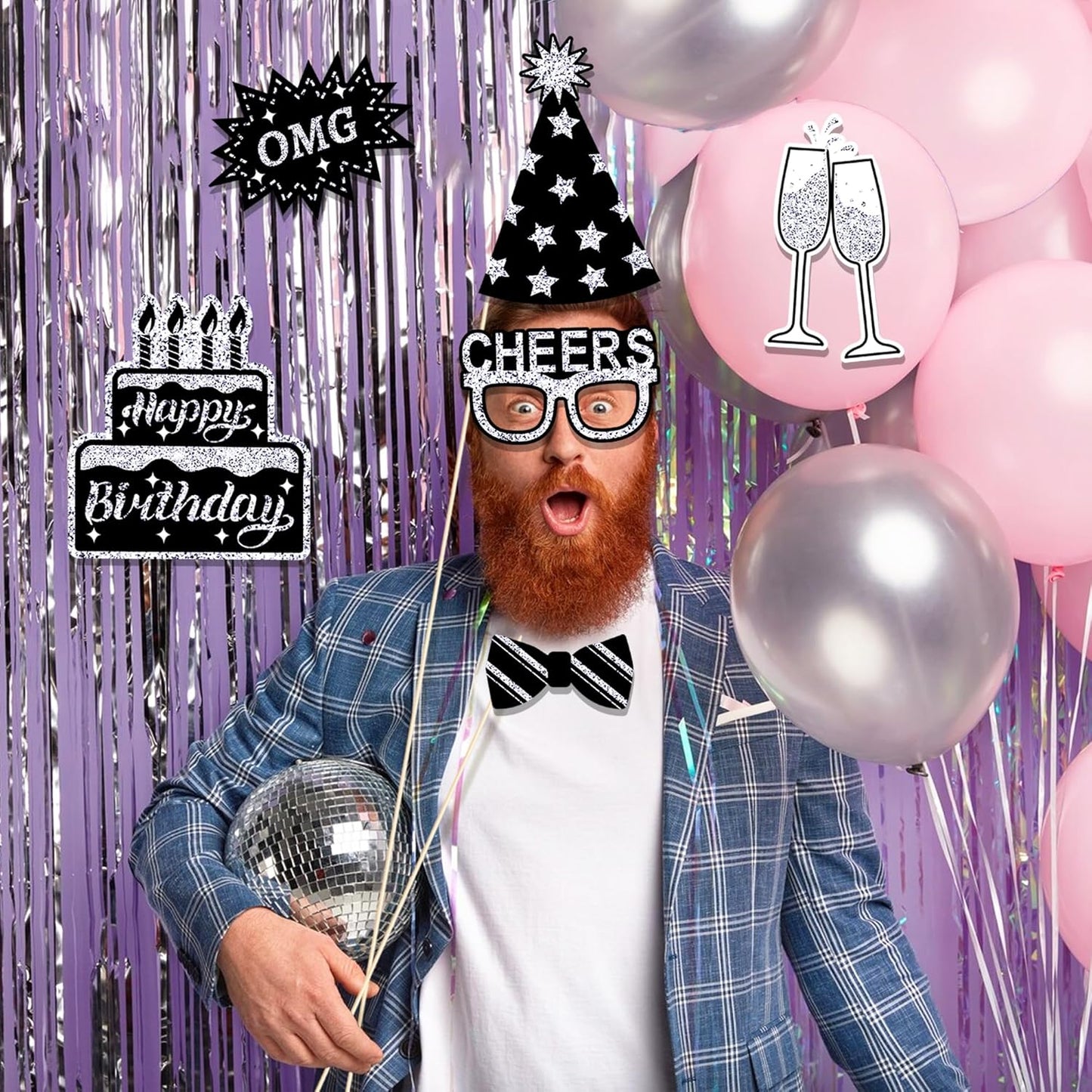 30 Pcs Silver Birthday Photo Booth Props Black Birthday Props 2026 Birthdays Decorations Backdrop Decorations Birthdays Props for Photography