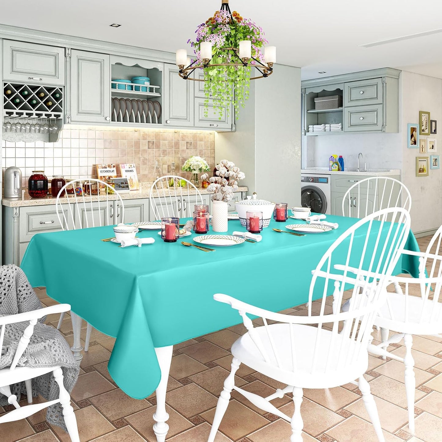 homing Rectangle Vinyl Tablecloth, Waterproof Spillproof Plastic Flannel Backed Table Cloth, Wipe Clean Table Cover for Dining, Buffet Parties and Camping (Teal, 60" x 84")