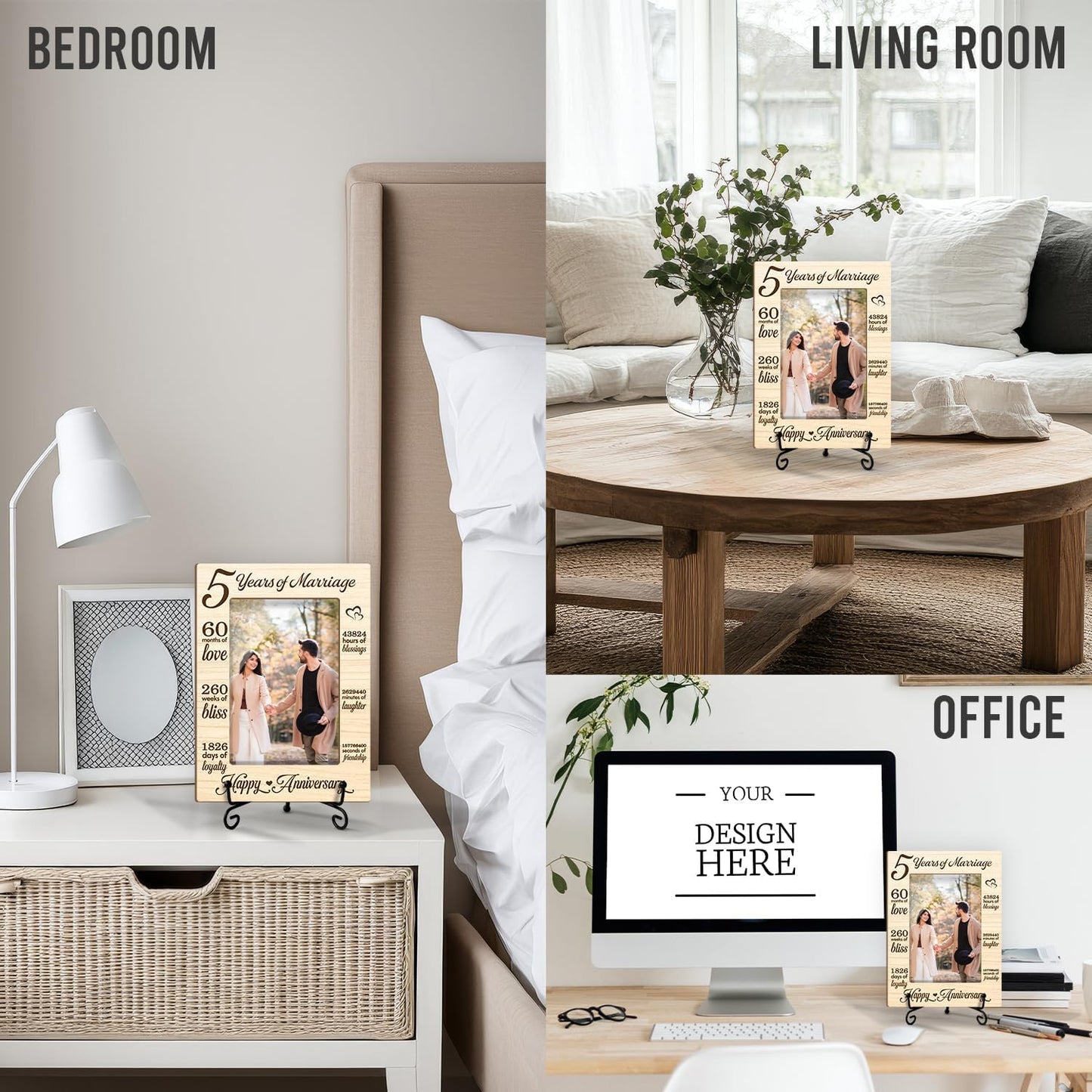 5 Years of Marriage Picture Frame, 5th Anniversary Wedding Valentines Gifts For Husband Wife Couple, 4x6 Wooden Picture Frame Tabletop Display Home Decor -03