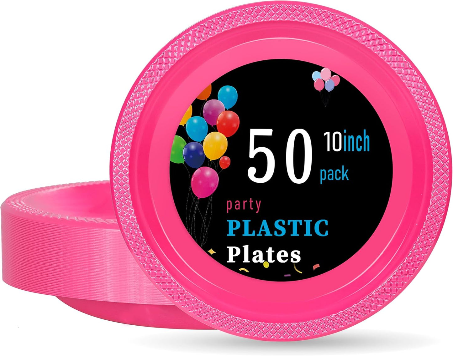 WELLIFE 10 Inch Plastic Plates Hot Pink 50 Count Disposable Plate for Party, Large Big Plates for Dinner Party Supplies Birthday Camping BBQ