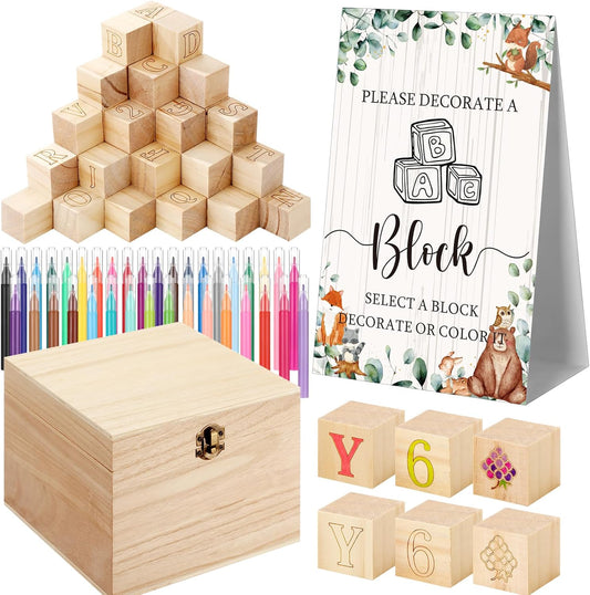 Marsui 136 Pcs Baby Shower Blocks to Decorate Game Kit Includes 98 Wooden Blocks, 36 Markers, 1 Game Sign, 1 Storage Box for Baby Shower Gender Reveal Activity Party Decorations(Land Animal)