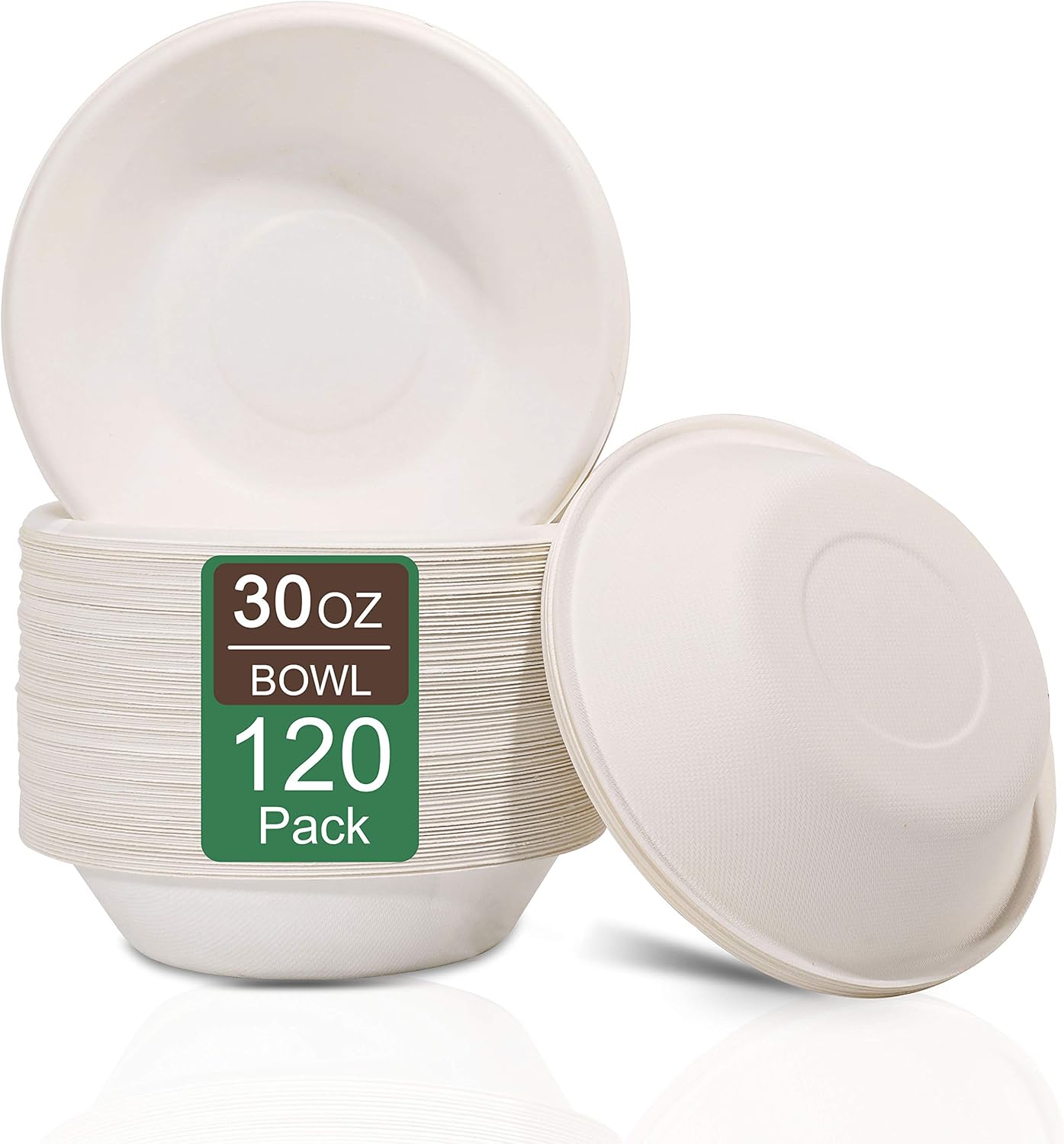 Nervure 120PCS Biodegradable Paper Bowls - 30OZ Compostable Bowls Heavy Duty Nature-Made by 100% Sugar Cane Fibers, Microwave Hot Food Safe