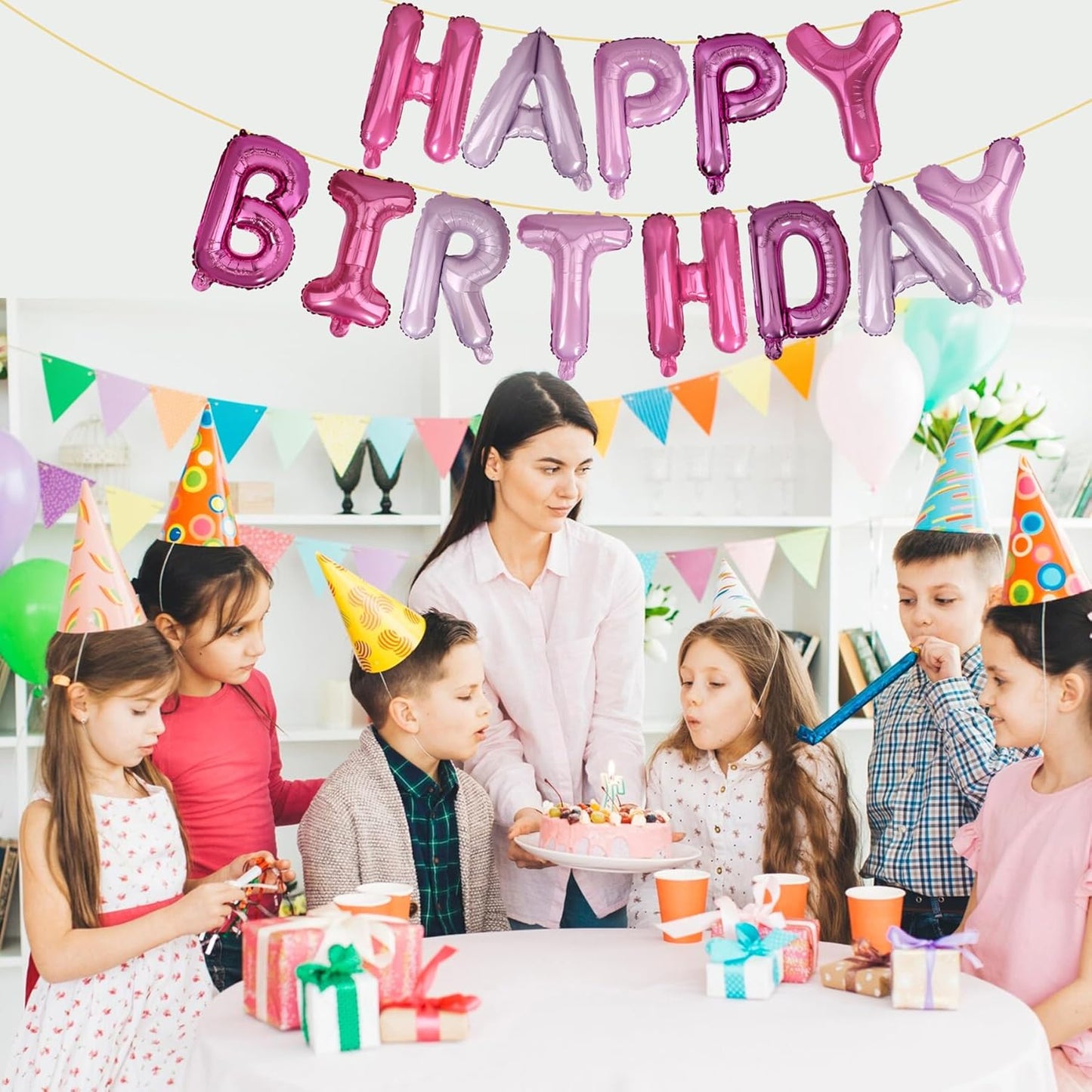 LIOZEOKUN Happy Birthday Balloon Letters 16 inch Mylar Foil Birthday Balloons Banner Sign for Birthday Party Decorations Supplies (Purple pink)