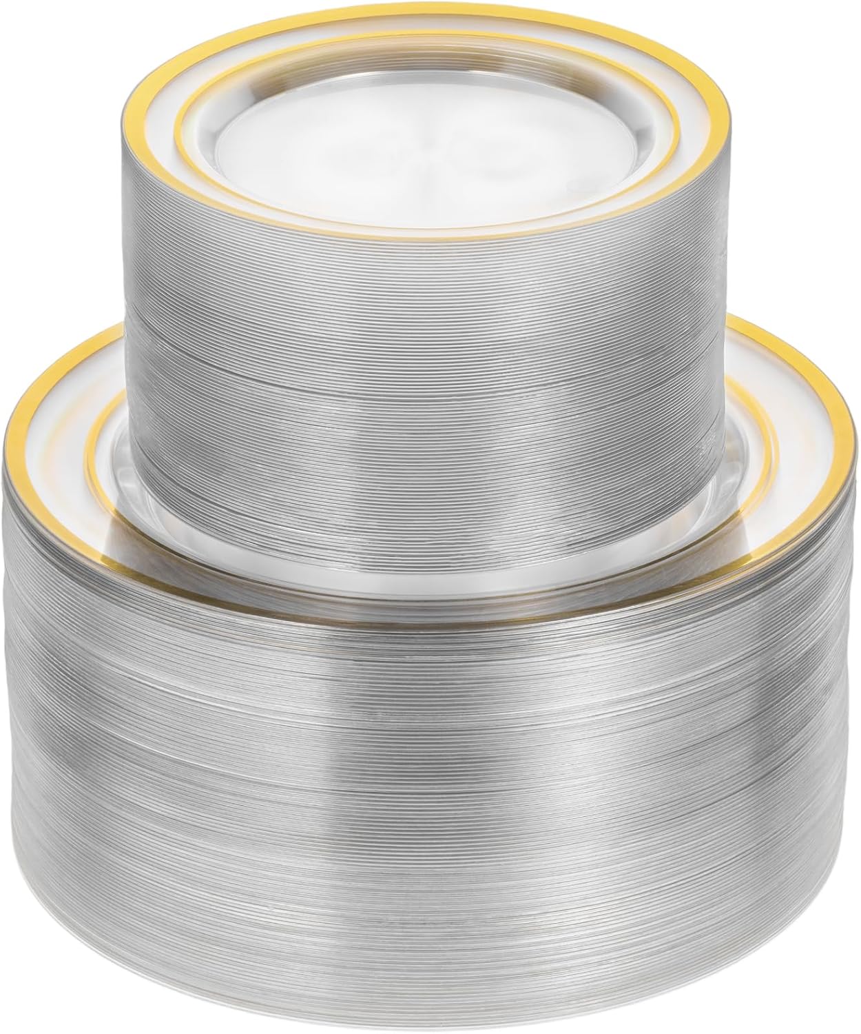 Goodluck 200PCS Clear Gold Plastic Plates, Heavy Duty Disposable Clear Plates with 100 10.25 inch Dinner Plates and 100 7.5 inch Dessert Plates for Party, Holiday, Wedding, Thanksgiving