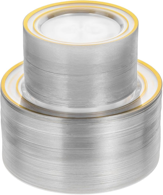 Goodluck 200PCS Clear Gold Plastic Plates, Heavy Duty Disposable Clear Plates with 100 10.25 inch Dinner Plates and 100 7.5 inch Dessert Plates for Party, Holiday, Wedding, Thanksgiving