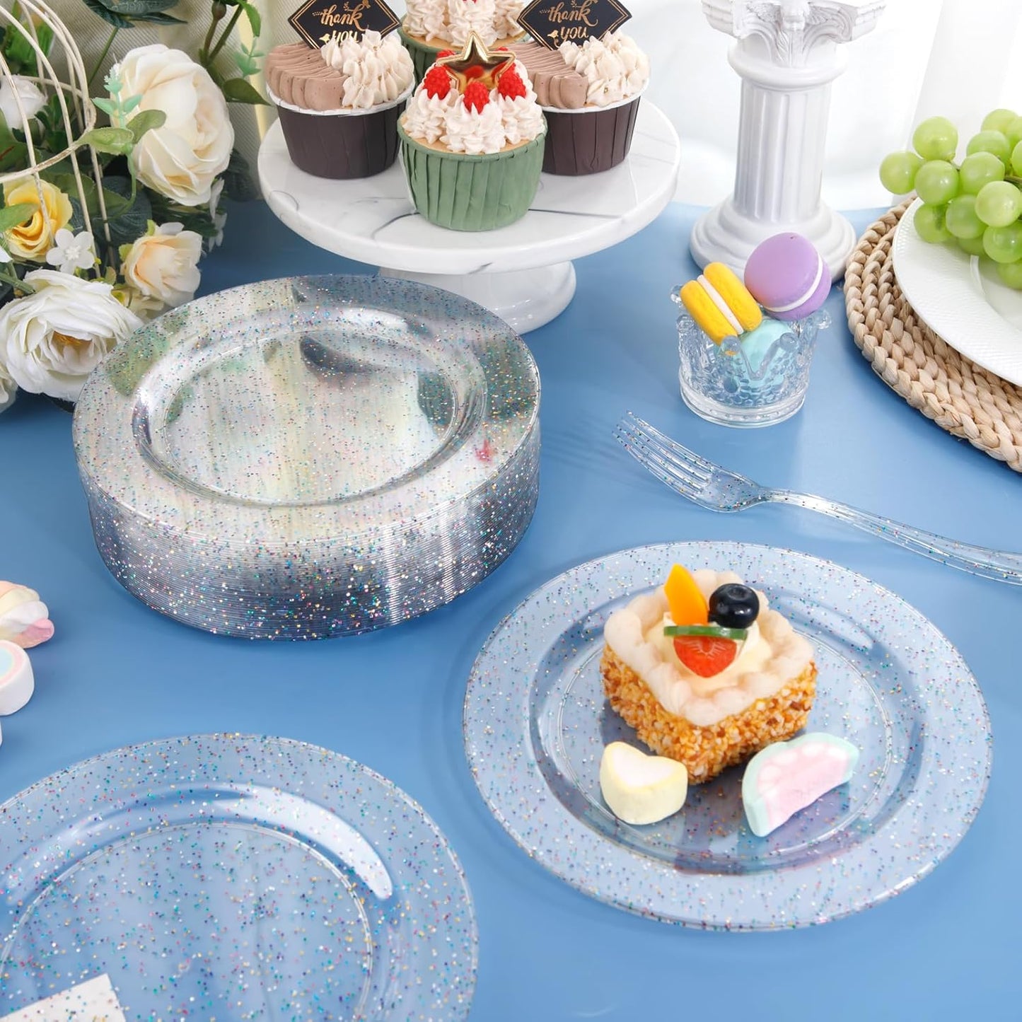 Liacere 100Pieces Colored Glitter Plastic Plates- Clear- Dessert Plates -7.5inch Glitter Plastic Dinner Plate Perfect for Wedding & Party & Birthday&Halloween