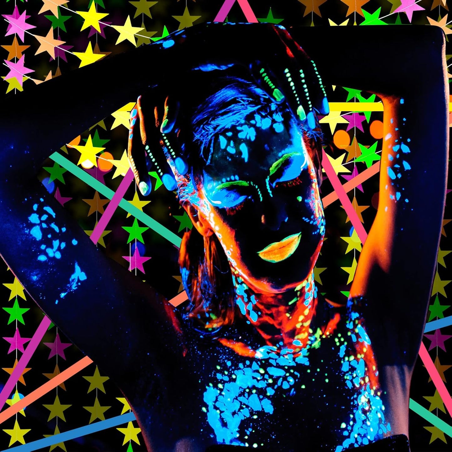 32 Pcs Glow in The Dark Party Supplies Christmas Neon Party Favors with 25 Fluorescent Balloon 6 Rolls 98.4 ft UV Blacklight Luminous Tape 14.4 ft Neon Streamer Garland for Adults(Clear Star)