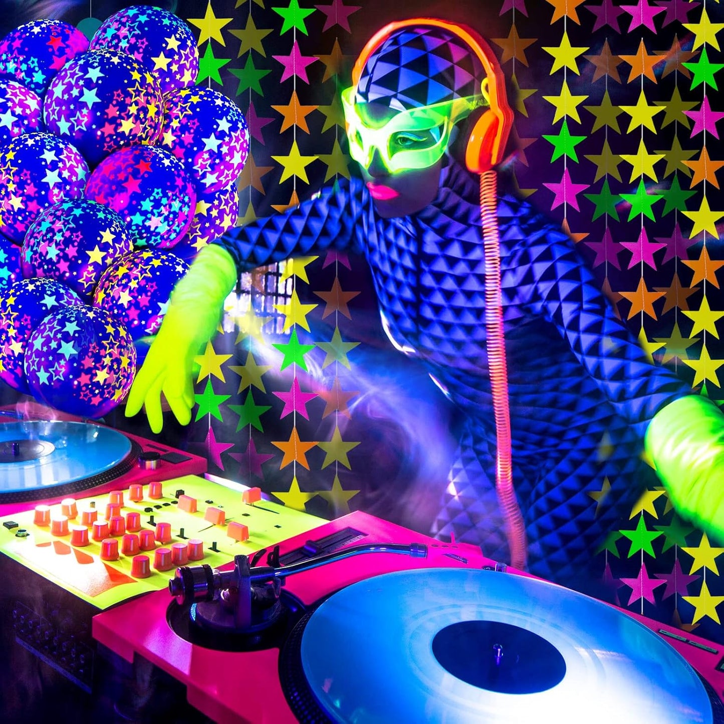 32 Pcs Glow in The Dark Party Supplies Christmas Neon Party Favors with 25 Fluorescent Balloon 6 Rolls 98.4 ft UV Blacklight Luminous Tape 14.4 ft Neon Streamer Garland for Adults(Clear Star)