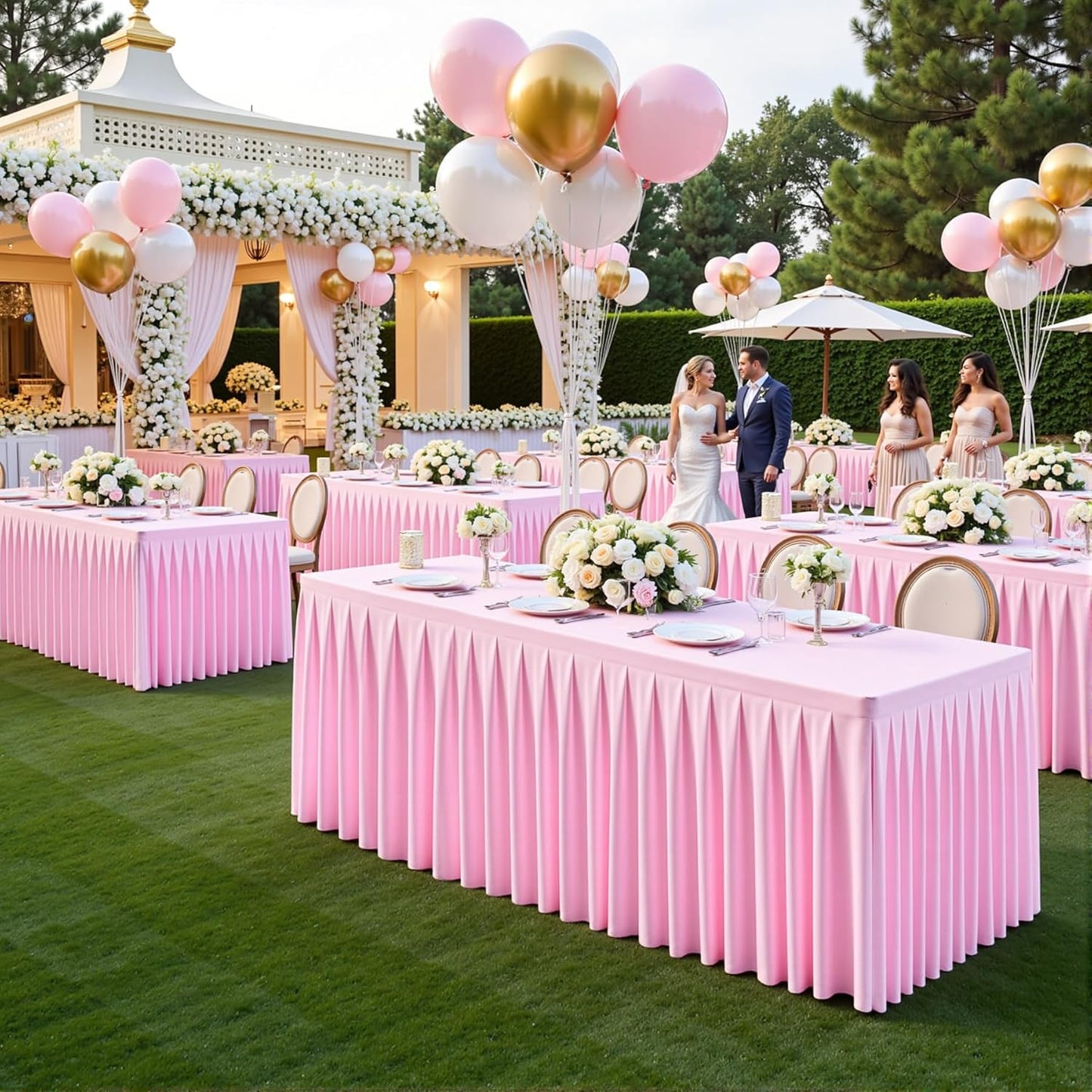 6 Pack Pink Rectangle Tablecloth 8 FT Stretch Spandex Fitted Table Cloth for 8 Foot Rectangle Tables Banquet Tablecloths Wrinkle Free Table Cover Skirt Ruffle Tablecloth for Party Wedding Birthday