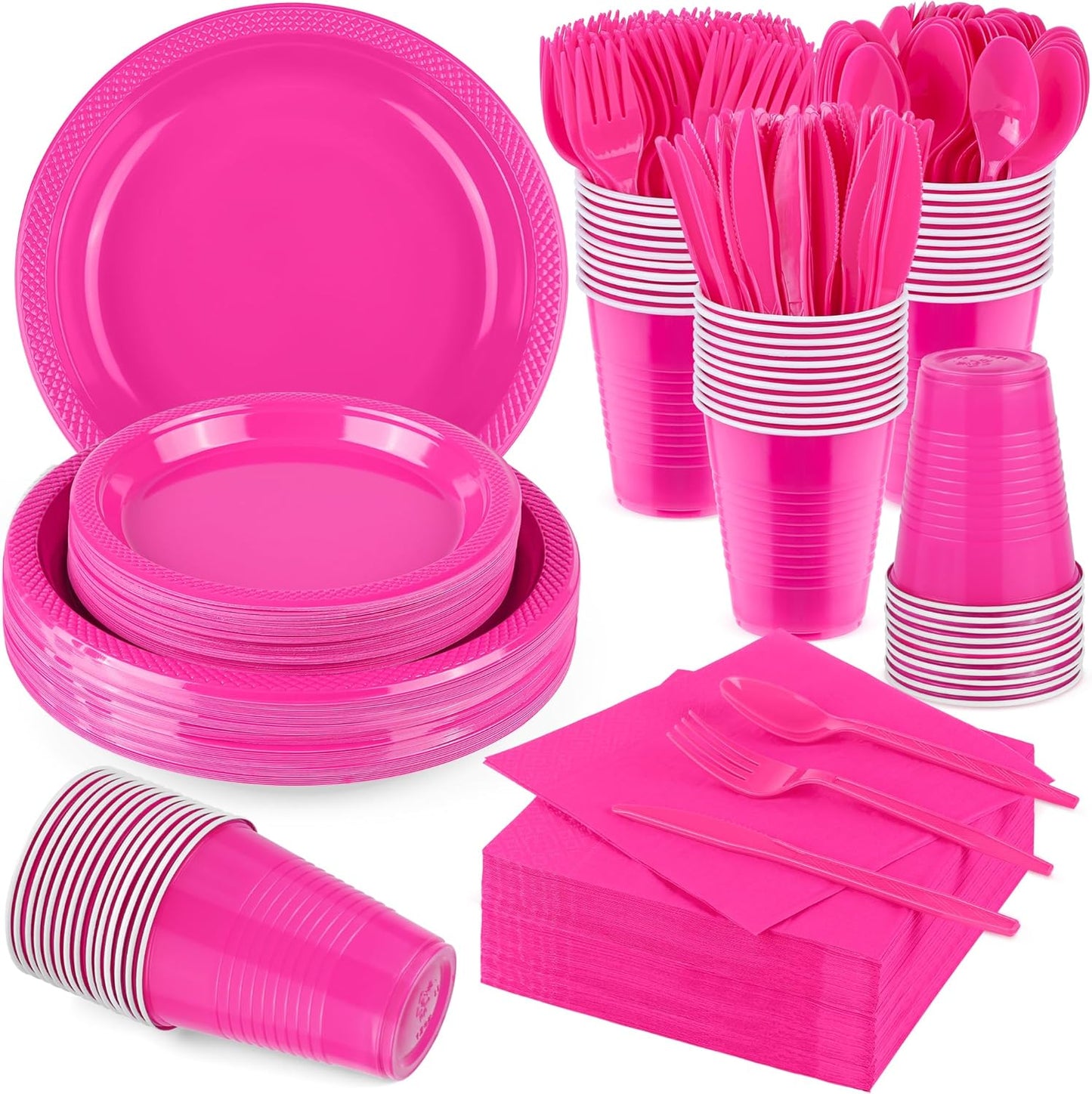 Aodaer 400 Pieces Hot Pink Party Supplies Disposable Dinnerware Set Include Plastic Plates Cups Knives Forks Spoons Paper Napkins for Birthday Wedding Graduation Parties, Serve 50 Guests