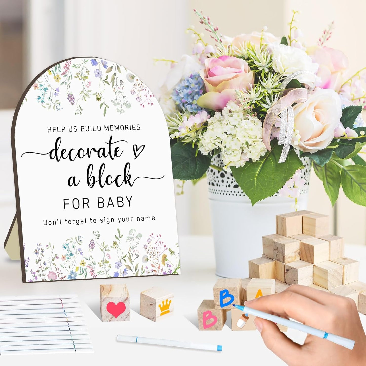 Wildflowers Baby Shower Games Kit, Floral Baby Shower Decor, Floral Baby Shower Games with 50 Blank Wooden Babies Blocks, 24 Acrylic Paint Marker and Wooden Sign, Wildflower Babies Sign for Boys Girls
