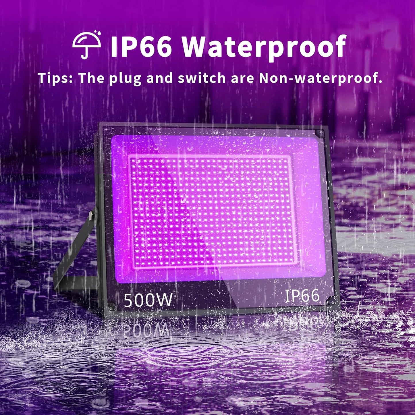 500W Waterproof Blacklight Flood Light with 10ft Cord+Switch, Aluminum Shell, IP66 Outdoor LED Black Lights for Large Space, Glow Party, Halloween, Stage, Aquarium, Poster, Body Paint, 2 Pack
