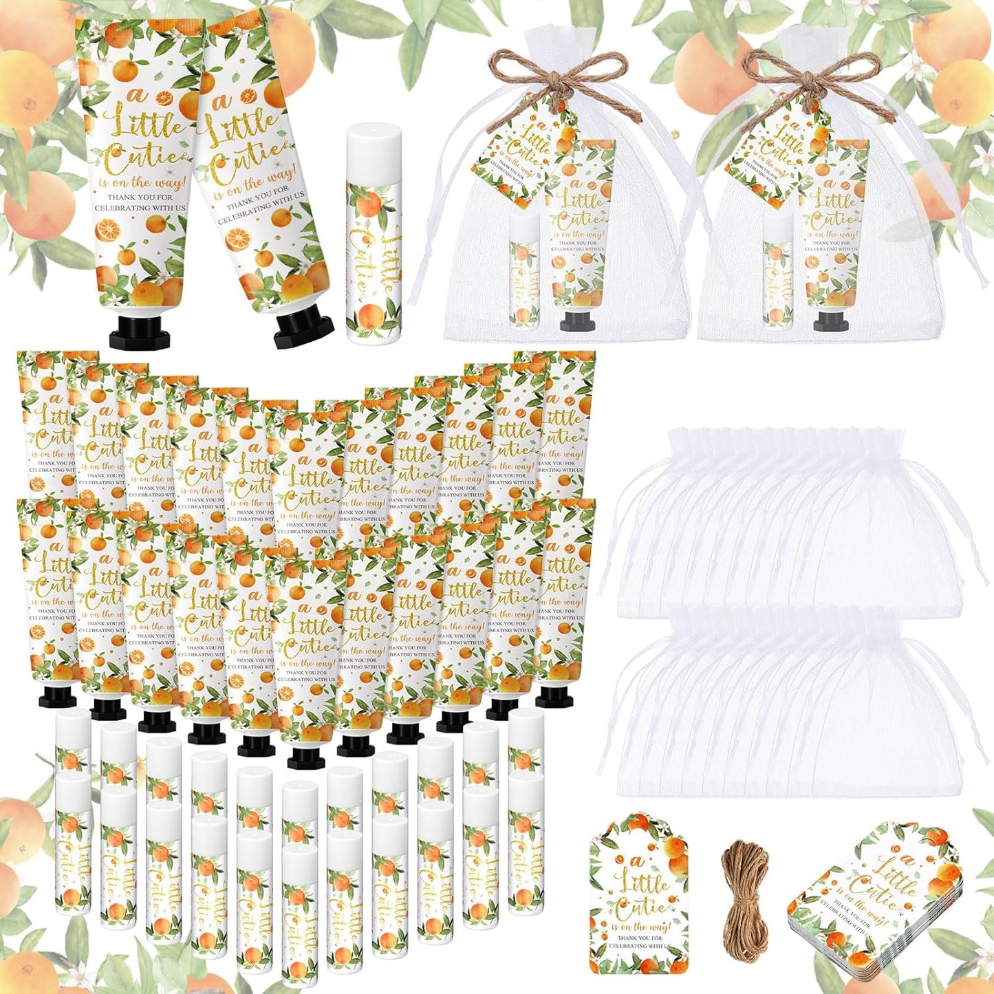 48 Sets 192 Pcs Little Cutie Baby Shower Gifts for Guests Orange Cutie Baby Shower Games Prizes Favors Bulk Include 48 Hand Cream and 48 Lip Balm Guests Gender Reveal Souvenirs Gifts