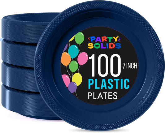 Exquisite Party Solids Navy Plastic Plates For Party 7" Navy Disposable Plates Heavy Duty 100 Pcs Plastic Dinnerware Sets Heavy Duty 350 GSM Disposable Dinnerware Set