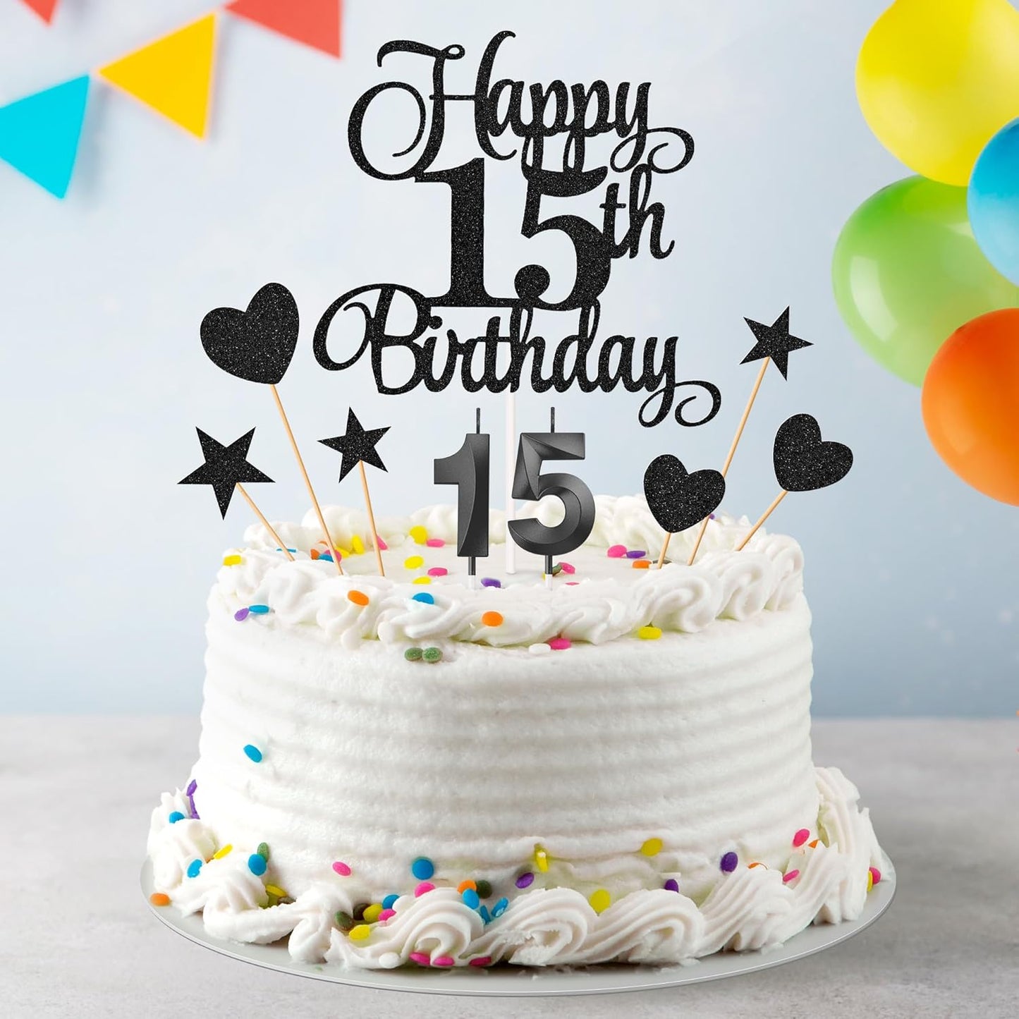 15th Birthday Cake Decorations, 15th Birthday Candles Cake Numeral Candles and Glitter Happy 15th Birthday Cake Toppers Set for Birthday Party Supplies (Black)