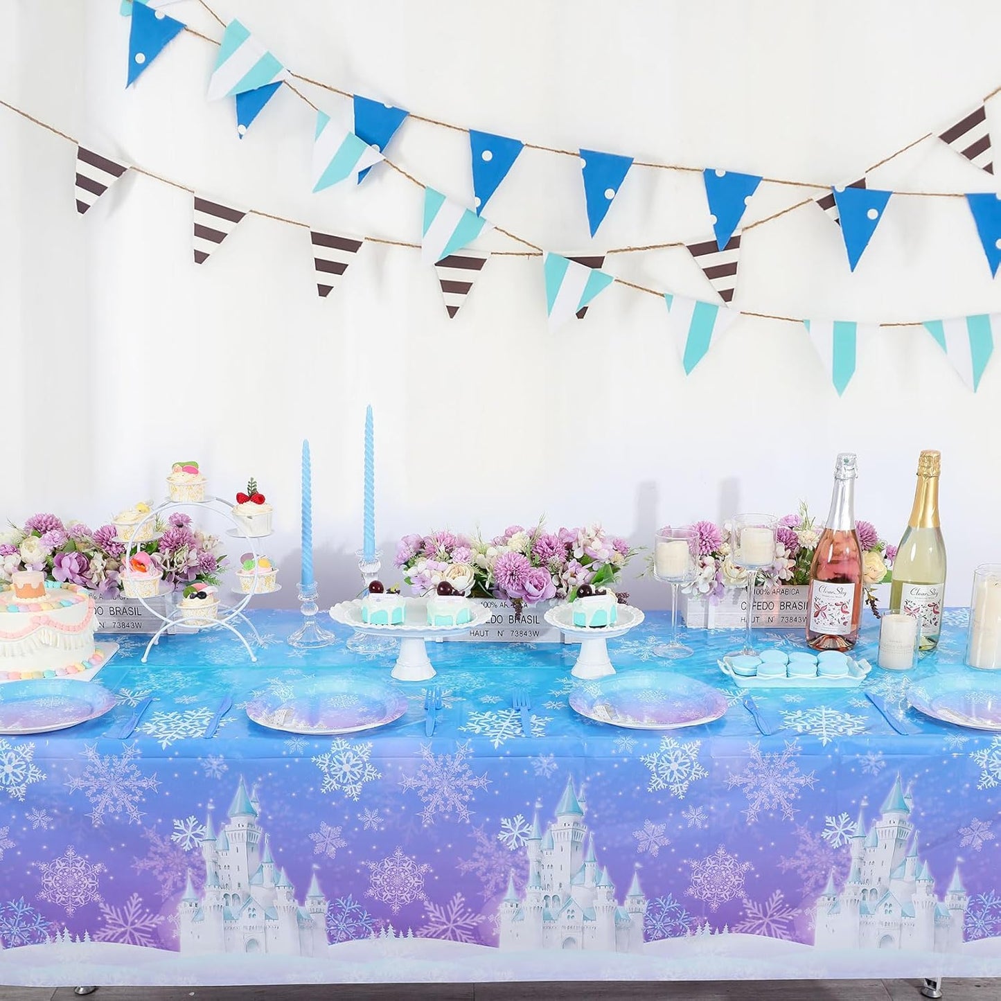 3 Pack Winter Snowflake Plastic Tablecloths, 54 x 108 Inch Frozen Tablecloth Blue and Purple Snowflakes Table Cover, Winter Wonderland Table Cloth for Christmas Holiday New Year Party Supplies Decor