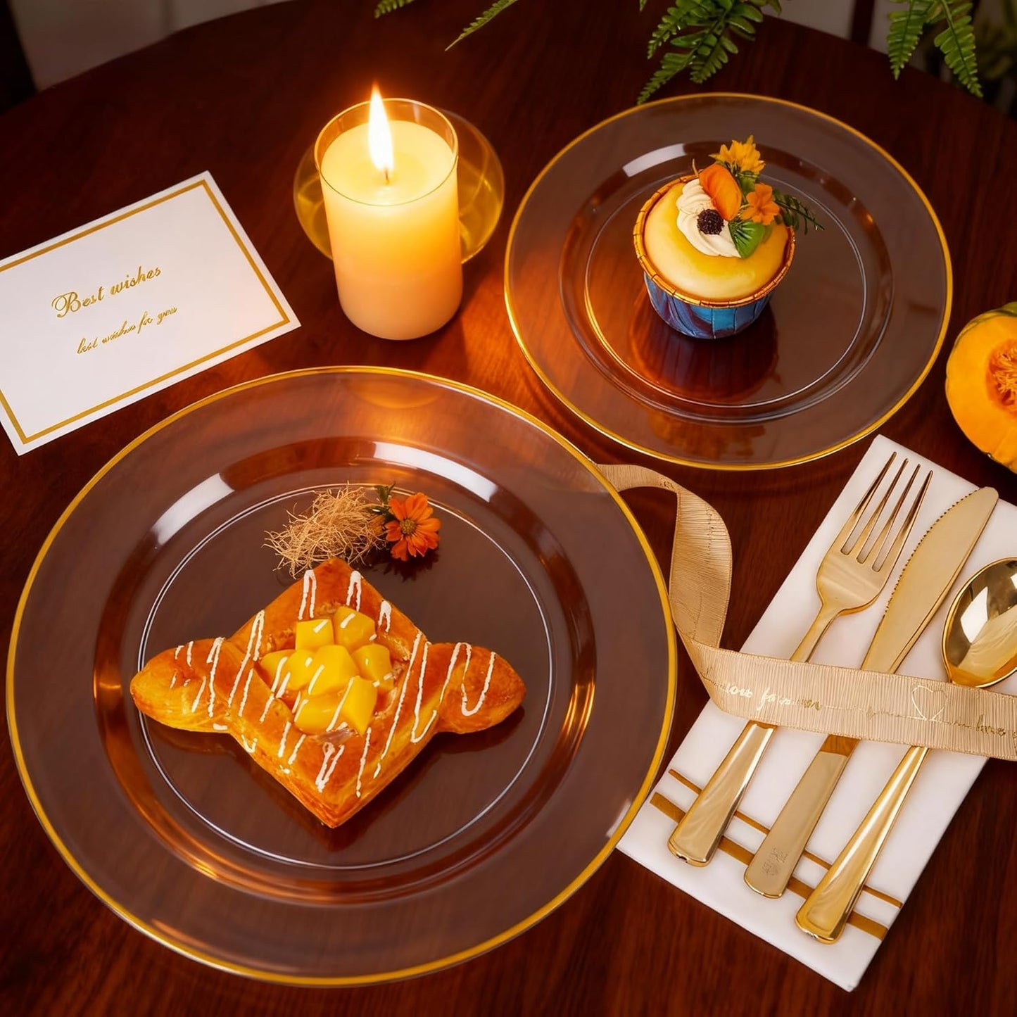 SUT 350Pcs Plastic Dinnerware Set for 50 Guests, Clear and Gold Plastic Plates, Disposable Plates and Napkins Party Supplies, Gold Silverware, Plates, Cups and Napkins Sets for Party Weddings