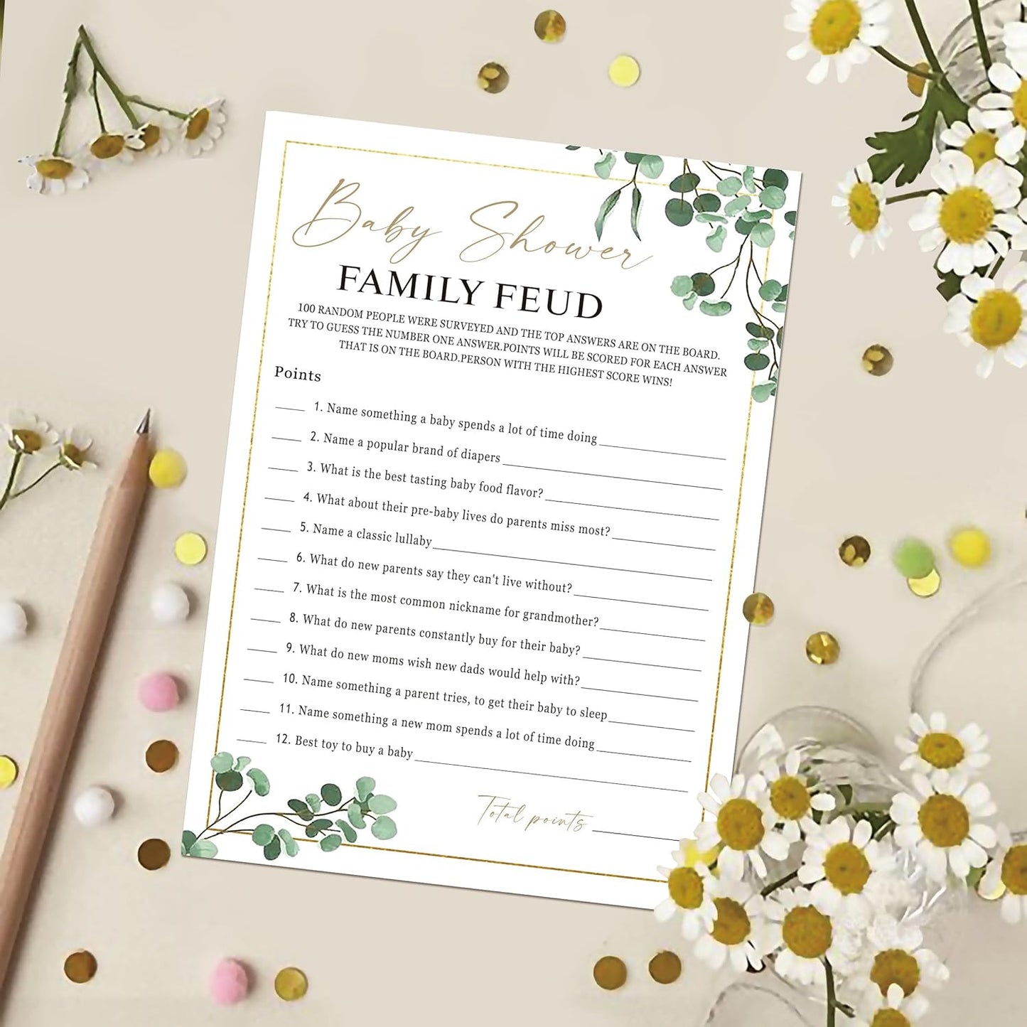 Family Feud Baby Shower Game - Pack of 30 Cards, Answer Key, Greenery Decorations, Feud Game Supplies-04