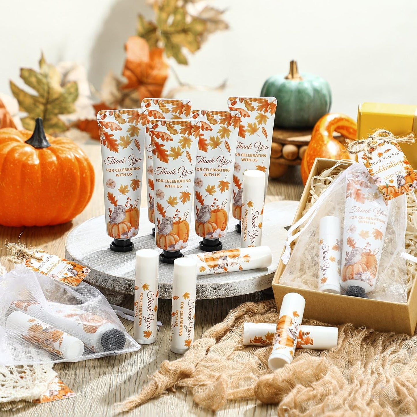 48 Sets 192 Pcs Thanksgiving Pumpkin Hand Cream and Lip Balm Fall Party Favors Gifts for Guests Pumpkin Bridal Baby Shower Wedding Party Favor with Thank You Card Organza Bags Travel Size
