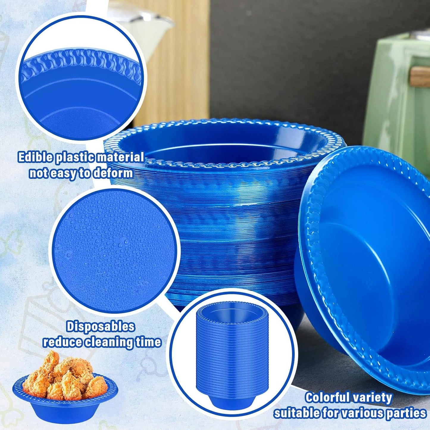 Lallisa 100 Pcs 12oz Blue Disposable Plastic Bowls Dessert Cups Ice Cream Snack Salad Soup Food Serving Bowls for Party Favor Picnic