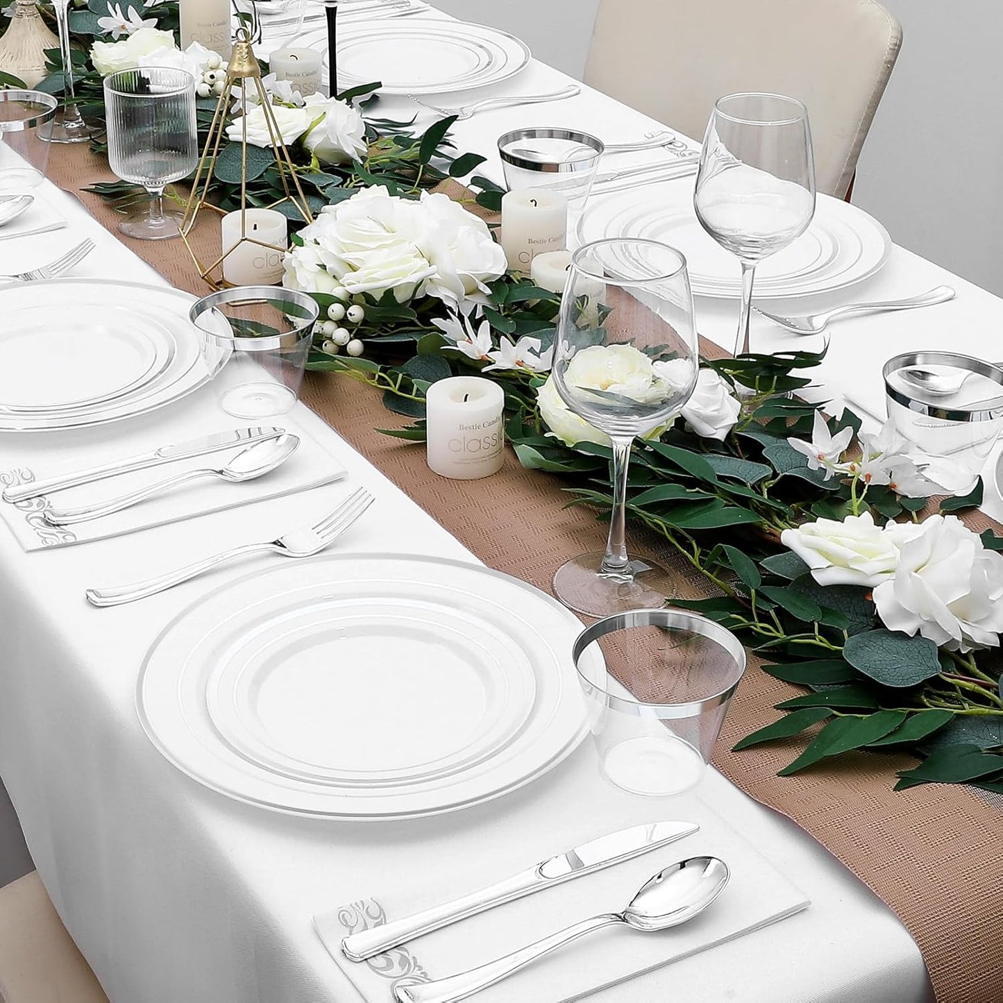 350-Piece Silver Rim Plastic Dinnerware Set for 50 Guests, Elegant Disposable Dinnerware for Party, Wedding. Includes Dinner Plates, Dessert Plates, Silverware, Napkins, Cups