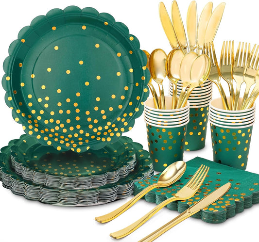 175Pcs Green and Gold Party Decoration - Green Plates and Napkins Party Supplies - Scalloped Paper Plates for Birthday Graduation Decorations, Serve 25 Guests