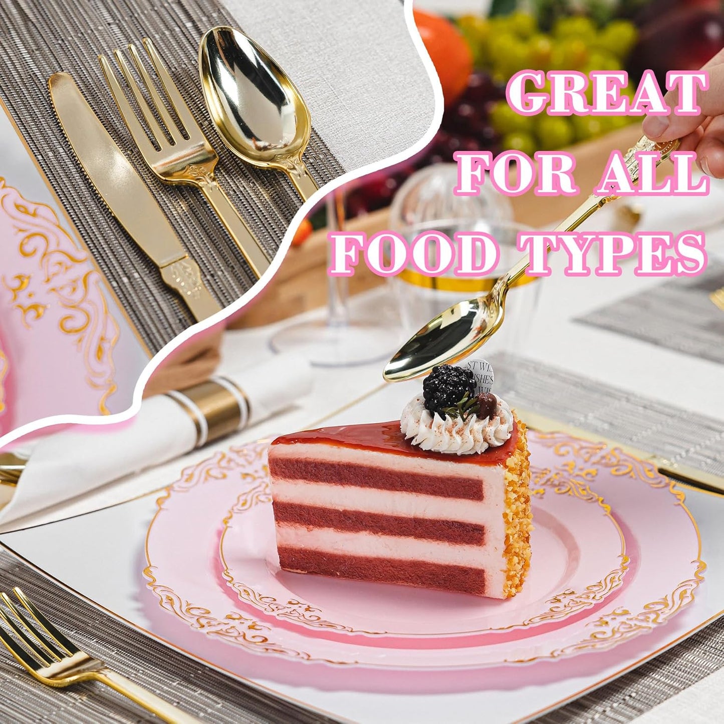 350pcs Gold Retro Dinnerware Sets Disposable, 50 Guests Heavy Duty Plastic Cutlery Sets, 100 Disposable Plates, 150 Silverware, 50 Cups, 50 Napkins for Wedding & Party, Pink