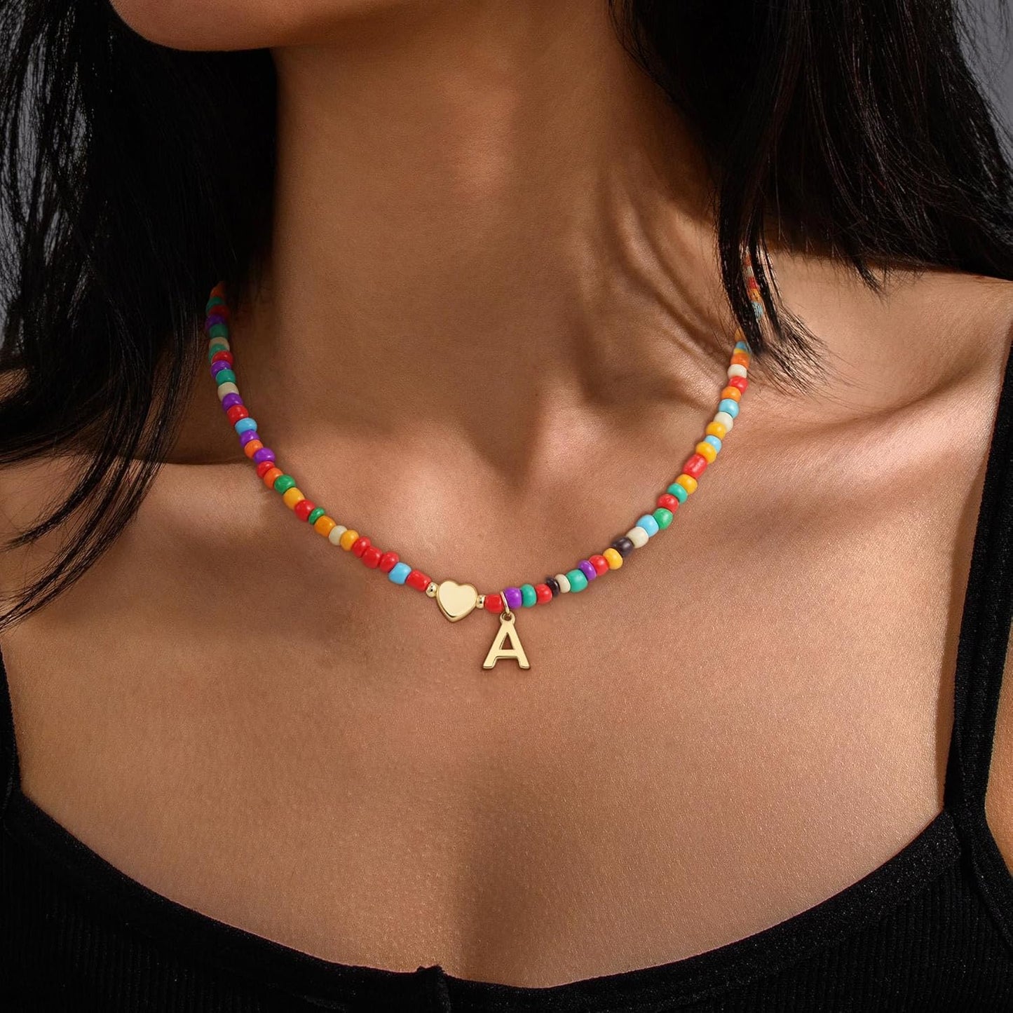 Christmas Gifts for Grandkids Teens Girls - Colorful Beaded Initial Necklace Teen Girl Gifts Trendy Stuff Dainty Letter Choker Necklace Stocking Stuffers for Teen Girls Women Jewelry