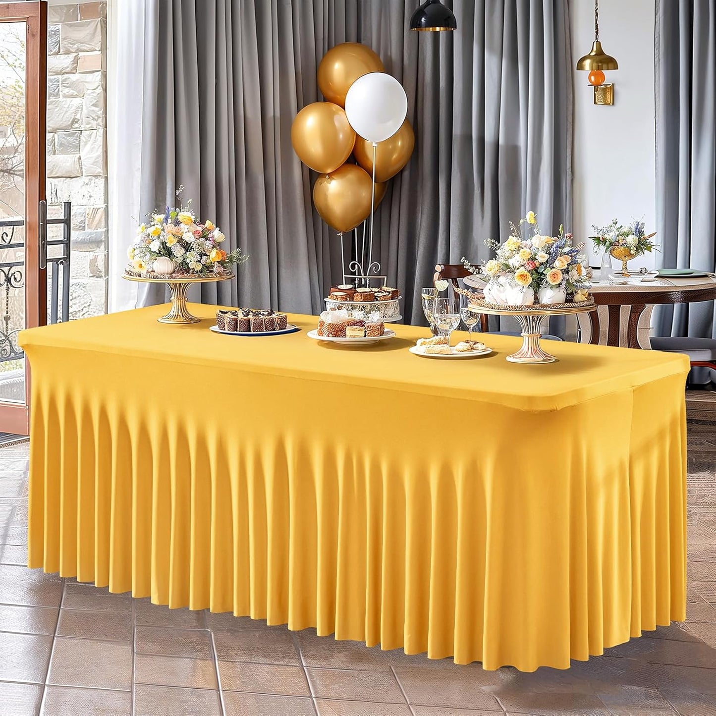 PARTISKY Golden Spandex Tablecloth for 8ft Rectangle Tables, Stretchable Table Cover Skirt for Folding Tables Weddings Parties Banquets Events Trade Shows and Dessert Table