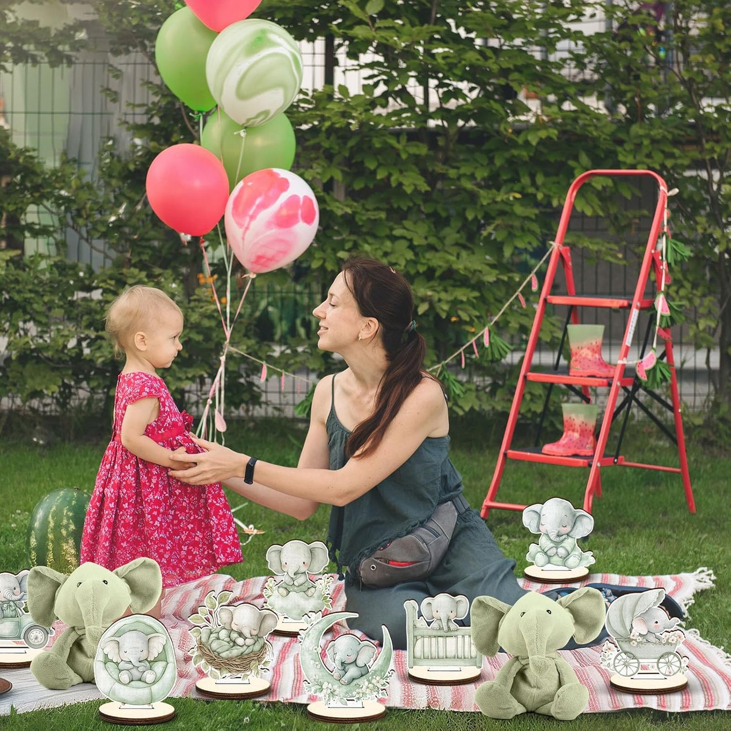 16 Pcs Wooden Baby Shower Table Centerpiece Sage Green Elephant Tabletop Detachable Sign Boy Or Girl Gender Reveal Table Toppers Display Decoration Elephant Birthday Photo Props Party Favor Supplies