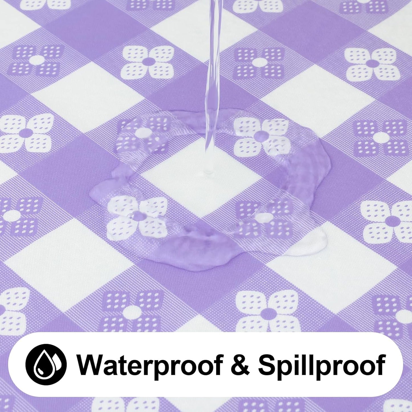 Rectangle Vinyl Table Cloth, Waterproof Elastic Fitted Tablecloth with Flannel Backing, Plastic Table Cover for Picnic, Camping, Outdoor (White & Lavender, 30"x72")