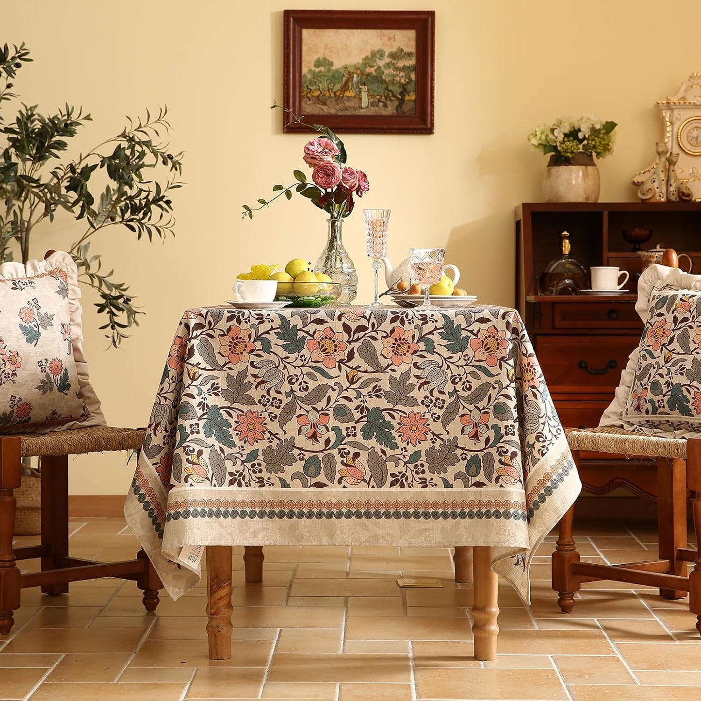 ISAENNE Designer Boho Floral Small Square Tablecloth,Linen Lotus Flower Pattern Colorful Indoor Table Cloth,Durable Decor Tablecloths for Dining Thanksgiving Kitchen Christmas,55"*55"-Hazel A