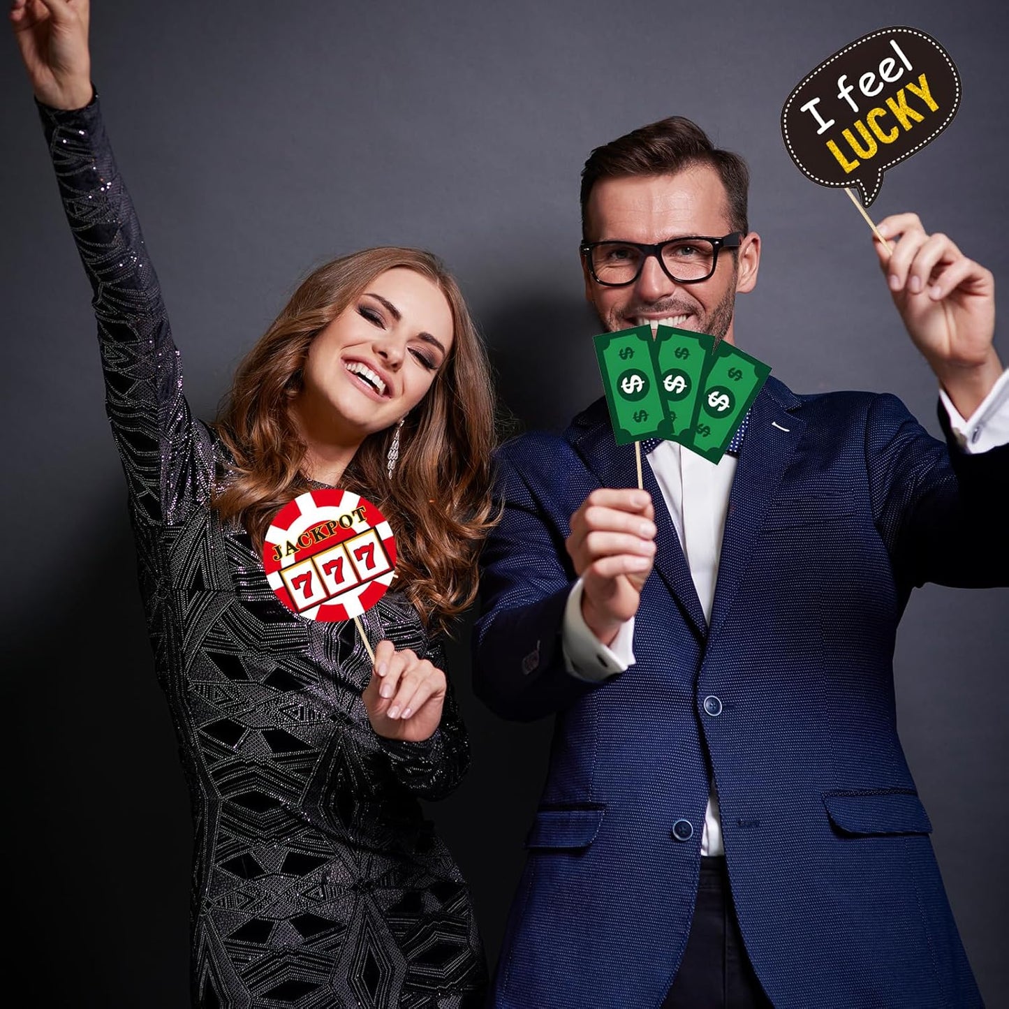 Casino Photo Booth Props, Tumwisk 24PCS Casino Theme Party Decorations, Vegas Themed Selfie Props with Stick for Texas Hold'em 777 Party, Funny Game Night Photography Props