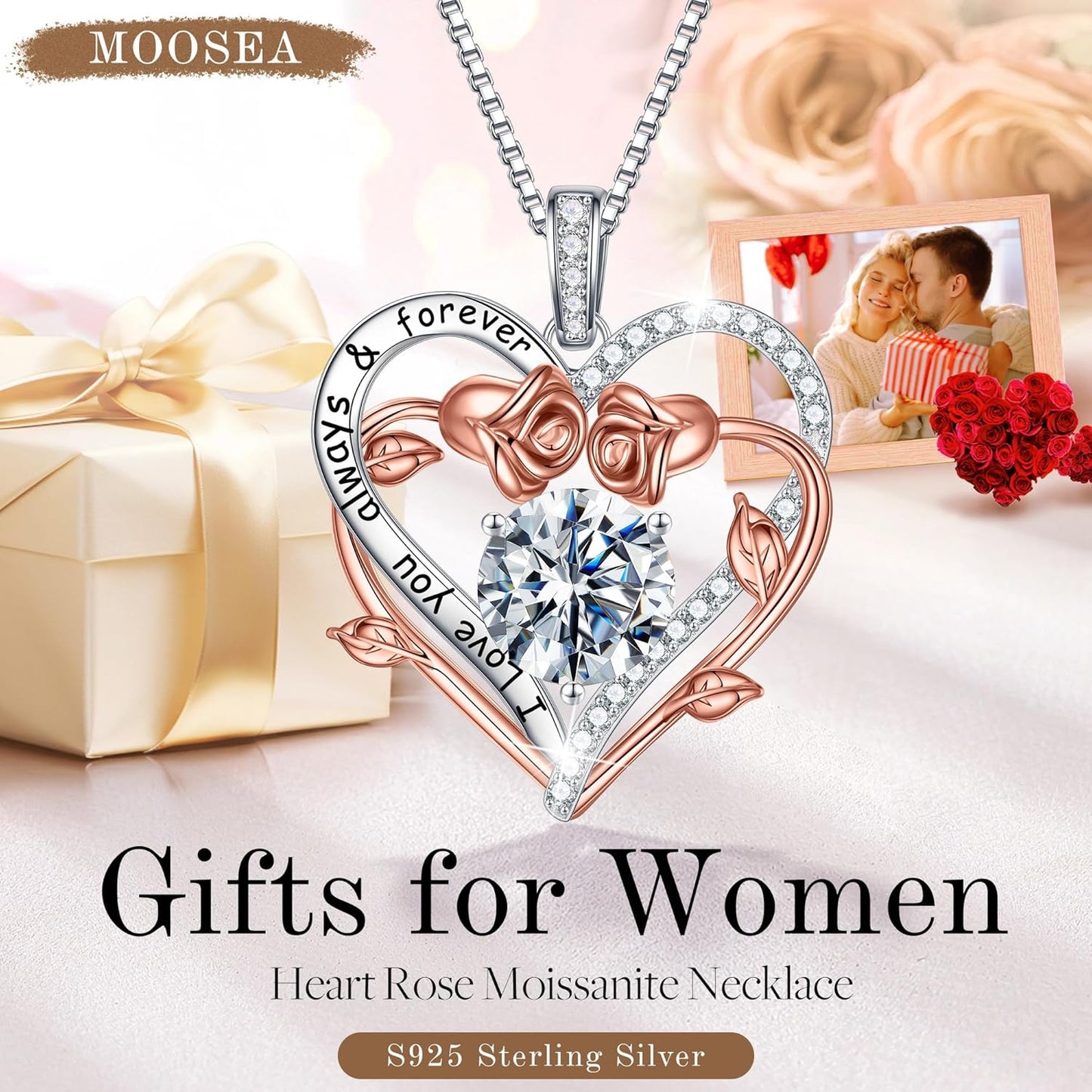 MOOSEA Gifts for Wife Mom - S925 Sterling Silver 1-3 ct D Color VVS1 Clarity Moissanite Necklace, Anniversary Birthday Gift for Her