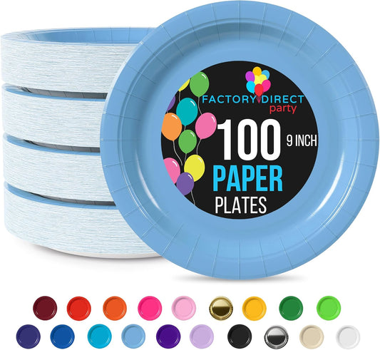 Exquisite Party Solids Light Blue Paper Plates Disposable Heavy Duty 9 Inch Light Blue Disposable Plates For Party 100 Pcs Heavy Duty 350 GSM, Birthday Supplies