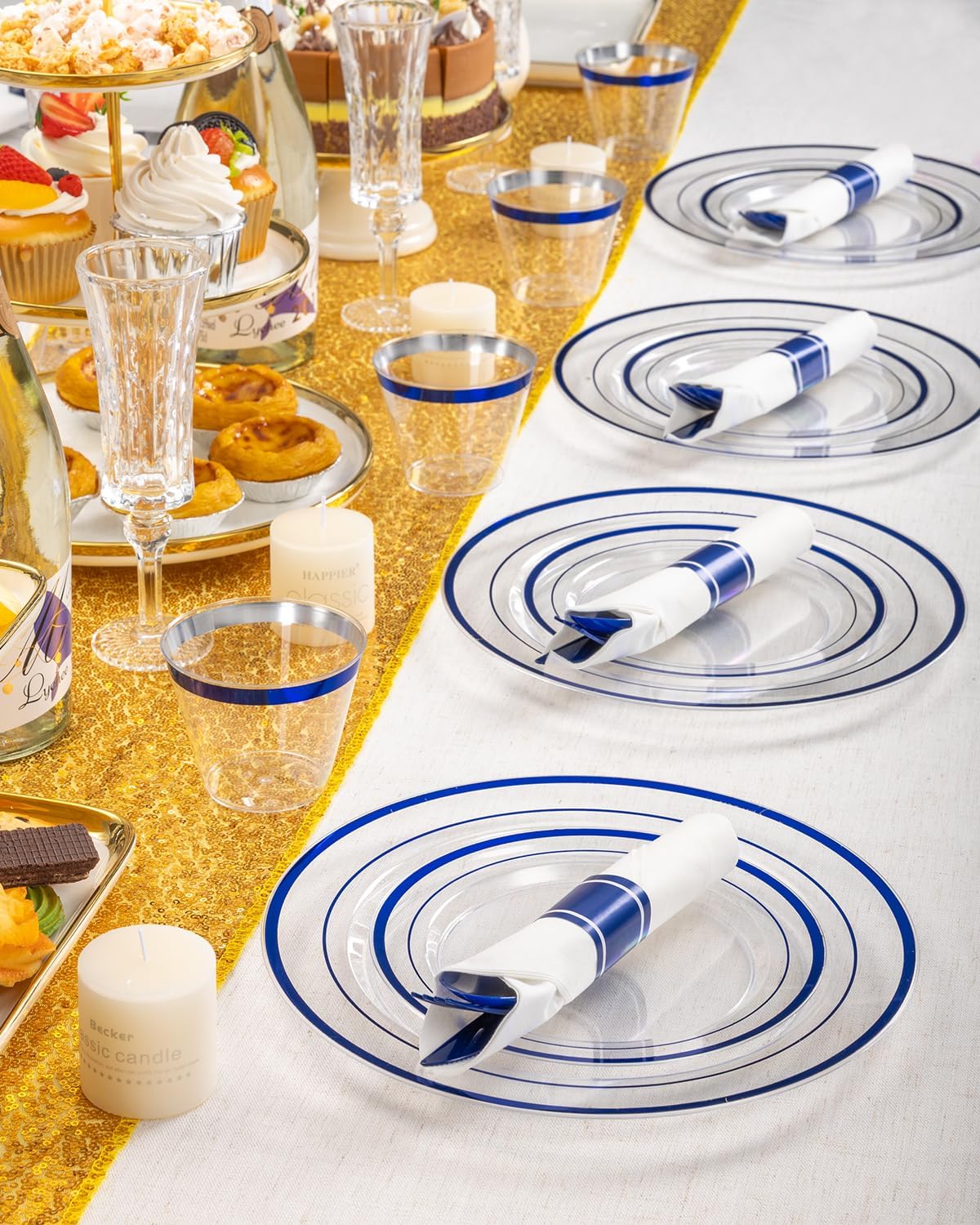 Goodluck 350 Piece Blue Plastic Plates, Clear Plastic Silverware Disposable Plates Set, Include 100Plates, 50Pack Pre Rolled Napkins with Silverware, 50Cups for Party, Wedding, Graduation