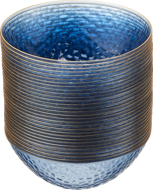 PLASTICPRO 30 Pack 12 Ounce Hammered Plastic Bowls Translucent Blue with Gold Rim Heavyweight Disposable Plastic Soup Bowls Elegant Translucent Hammered Gold Rim Platsic Party Dishes