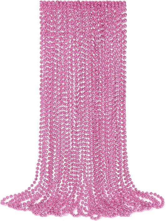 YAXINRUI 24 PCS Pink Bead Necklace, Pink Mardi Gras Beads, Cancer Awareness Beaded Necklaces, Valentine Necklace, 33 Inch Round Party Beads for Mardi Gras Christmas Cancer Awareness Month Events