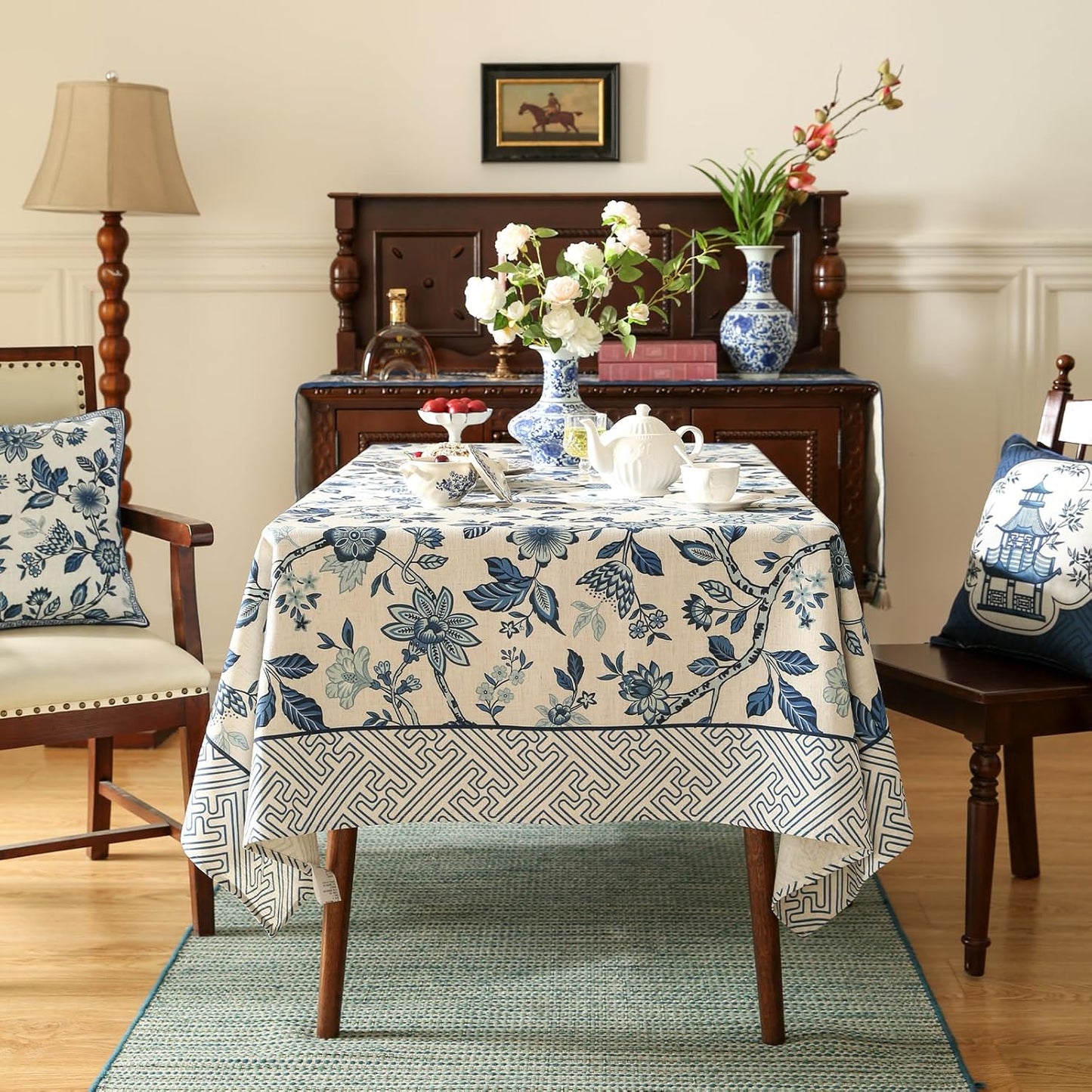 Vintage Blue and White Long Rectangle Tablecloth,French Linen Floral Wrinkle Free Tablecloths,Decorative Table Cover for Kitchen,Dining,Party,Thanksgiving,Christmas,63"*94"-Suqing