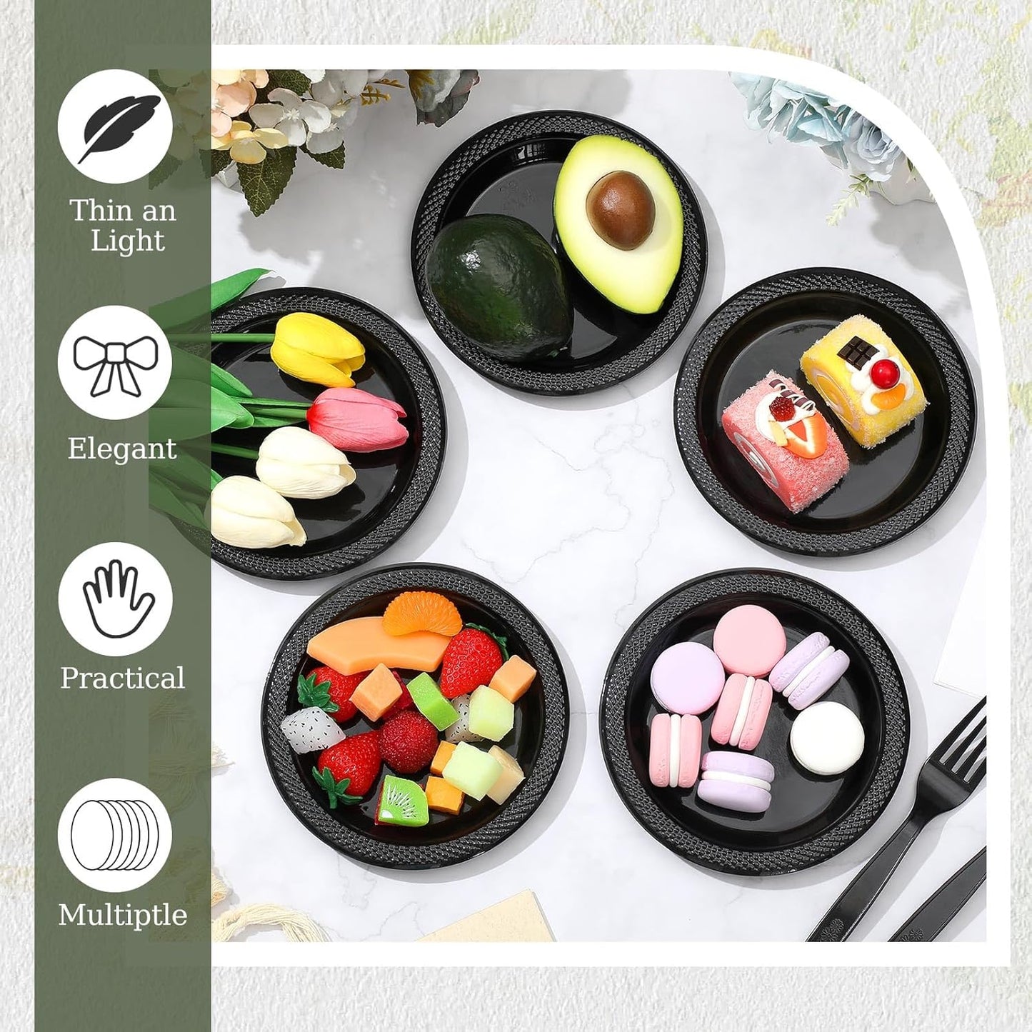 Hushee 600 Pcs 6 Inch Plastic Dessert Plates with Forks for Cake Appetizer, 300 Disposable Plates and 300 Plastic Forks for Wedding Birthday Party Event Bulk (Black)