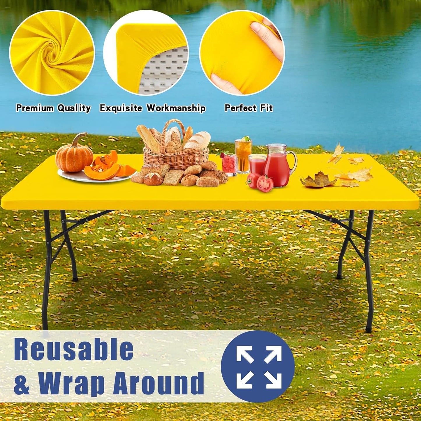 Spandex 8 Foot Rectangle Table Cloth 2 Pack, Elastic Fitted Tablecloths for Picnic, Stretch Washable Patio Table Cover for Outdoor, Camping, Banquet and Parties (Yellow, 30"x96")