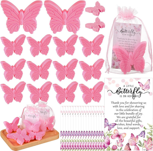 50 Sets Butterfly Themed Baby Shower Favors Butterfly Soap with Thank You Cards Gift Bag for Guest Gender Reveal Party Decorations Baby Shower Game Prizes Wedding Favor(Pink)