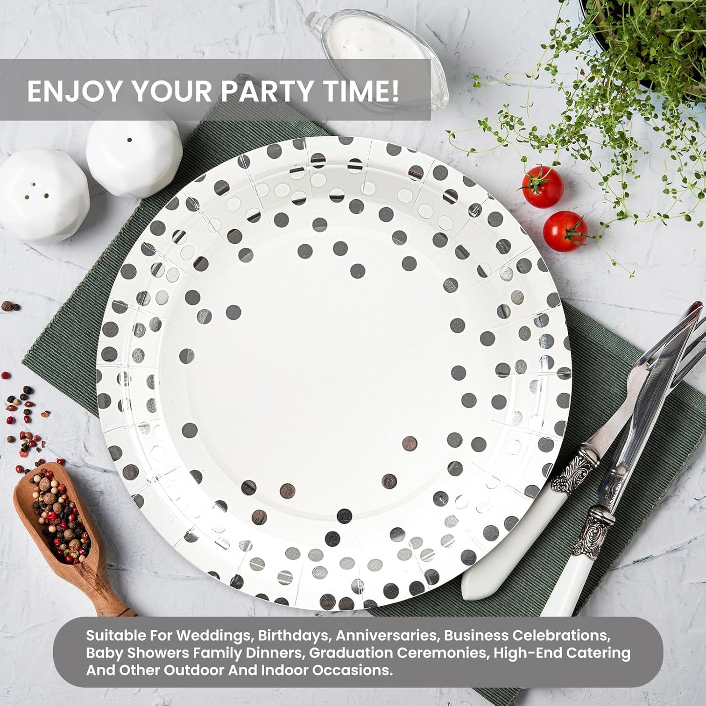 75PCS Paper Plates and Napkins Set - White and Sliver Dot Disposable Party Dinnerware Includes Paper Plates, Napkins, Forks Decorations for Graduations, Birthdays and Weddings, Serves 25