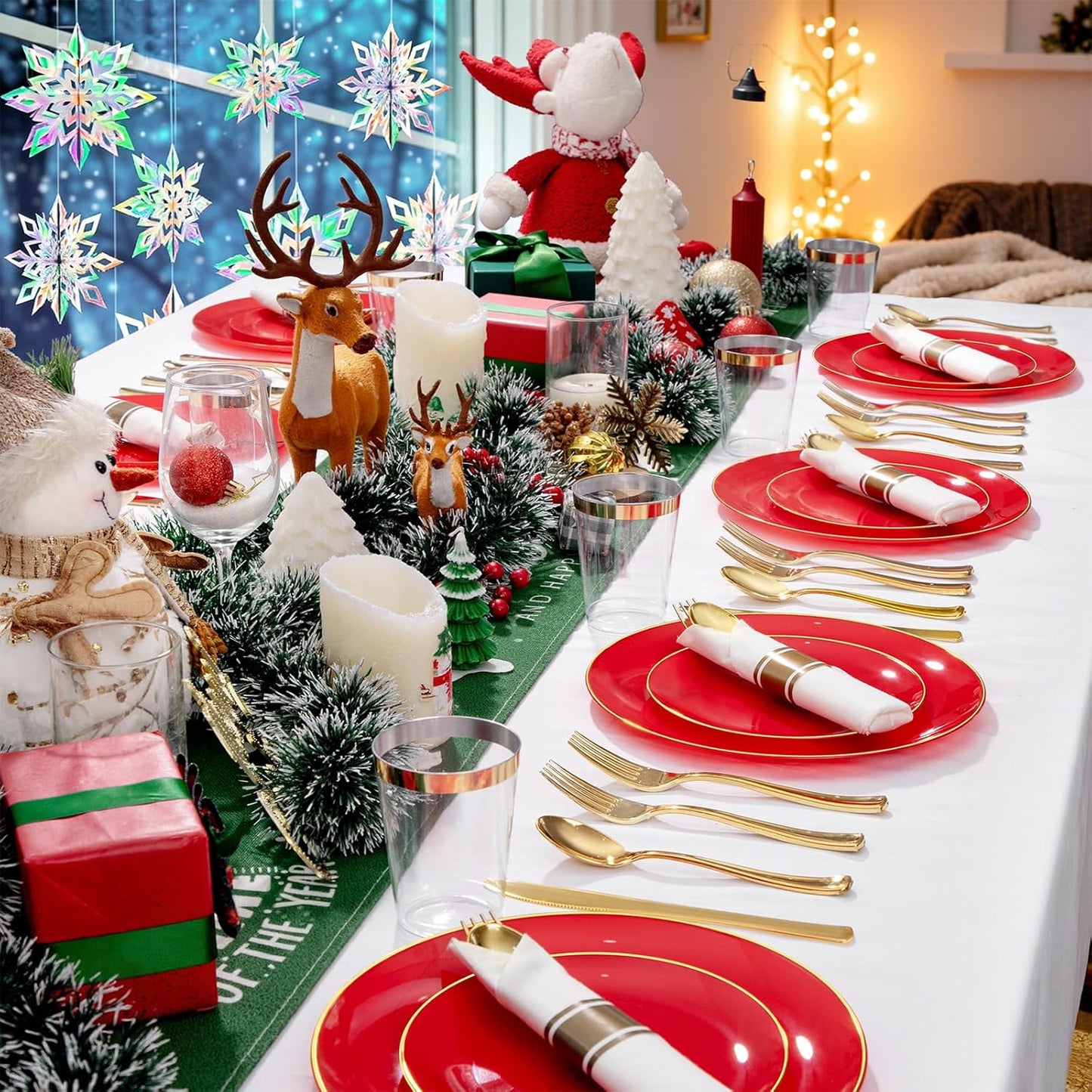 KIRE 350PCS Red Plastic Plates - Heavy Duty Red Plates Disposable - 50Guest Christmas Dinnerware Include 50Dinner Plate,50Dessert Plate,50Pre Rolled Napkins with Silverware for Christmas&Party