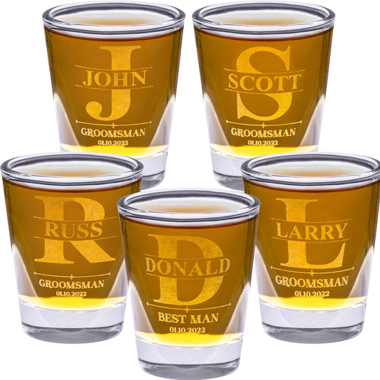 Gifts Inscribed Personalized Shot Glasses Set of 5 – Custom Engraved Groomsmen Glasses – Wedding, Bachelor Party, Drinking Gift for Men, Whiskey Vodka Tequila Shooters