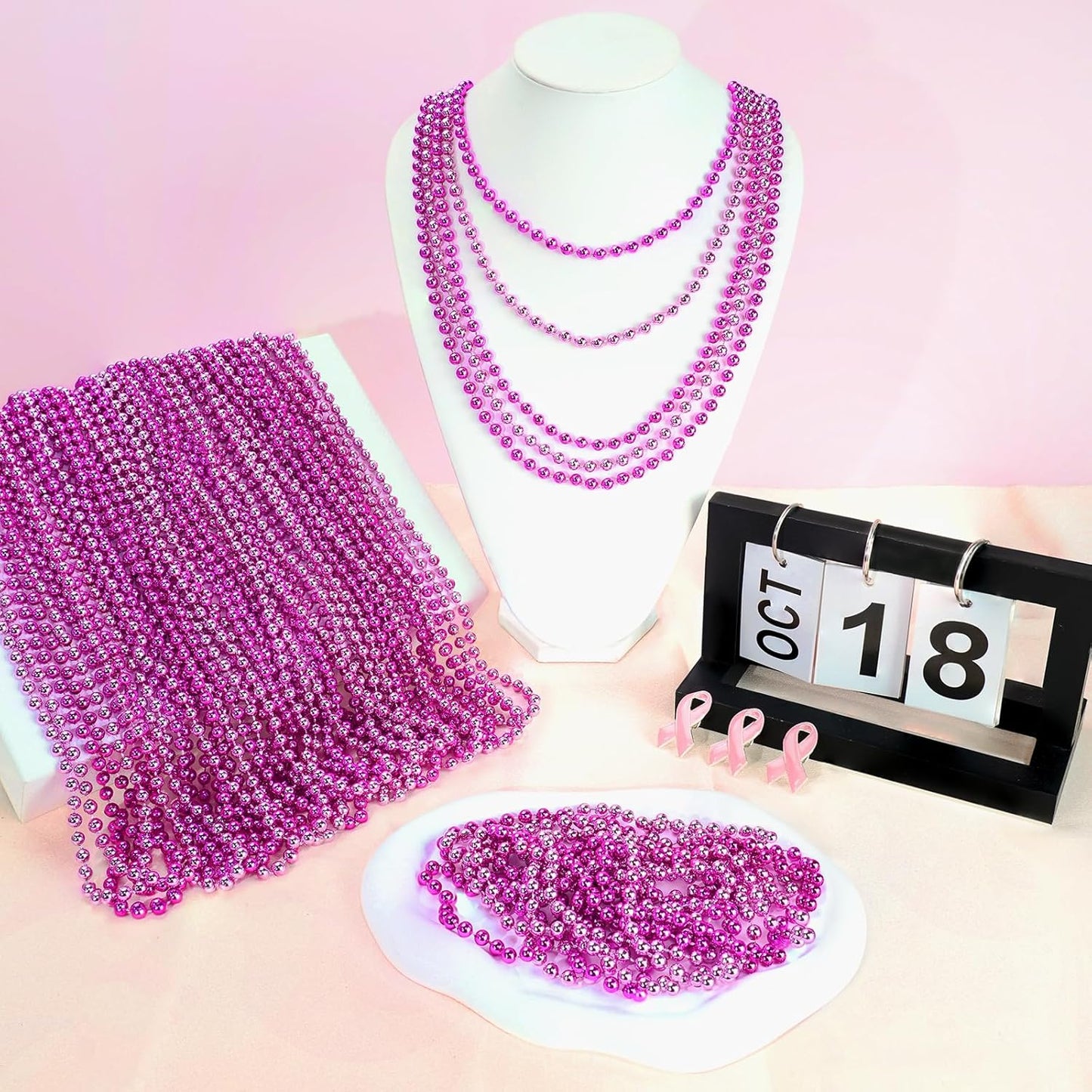 SHAOQINLIN 50 PCS Breast Cancer Awareness Necklaces, Hot Pink Bead Necklace, 33" Pink Mardi Gras Beads, Breast Cancer Awareness Accessories for Parade Supplies