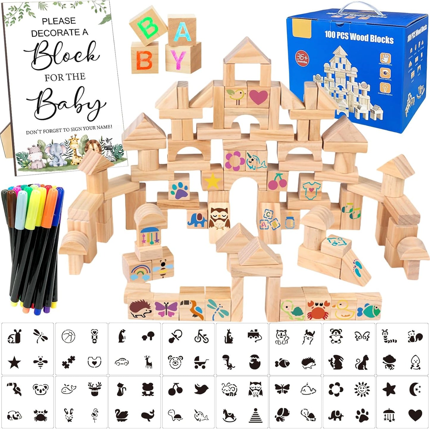 141 Pcs Baby Shower Game Sign Set Includes Decorative Square Signs 100 DIY Blank Wooden Blocks 20 Paint Markers(Animal)