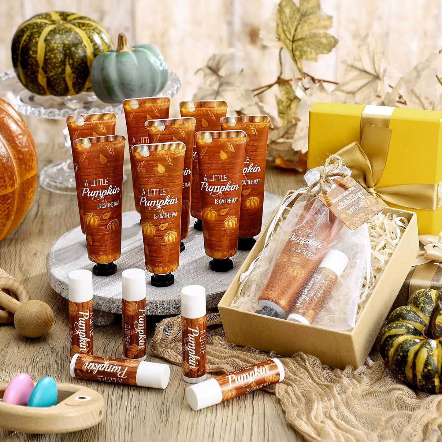 48 Sets 192 Pcs Fall Thanksgiving Baby Shower Gifts Bulk Thanksgiving Little Pumpkin Hand Cream and Lip Balm Baby Shower Party Favors Travel Size for Guests Wedding Party Supplies