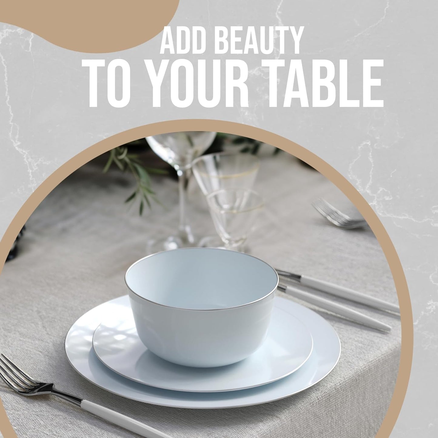 Trendables Disposable 24 Oz Bowls - 20-Piece Set - Sage Silver Rimmed Fancy Serving & Salad Bowls - Perfect for Ice Cream & Candy